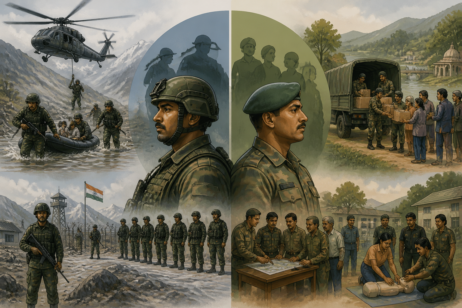 Illustration comparing the regular army and territorial army in crisis response and civil support roles.