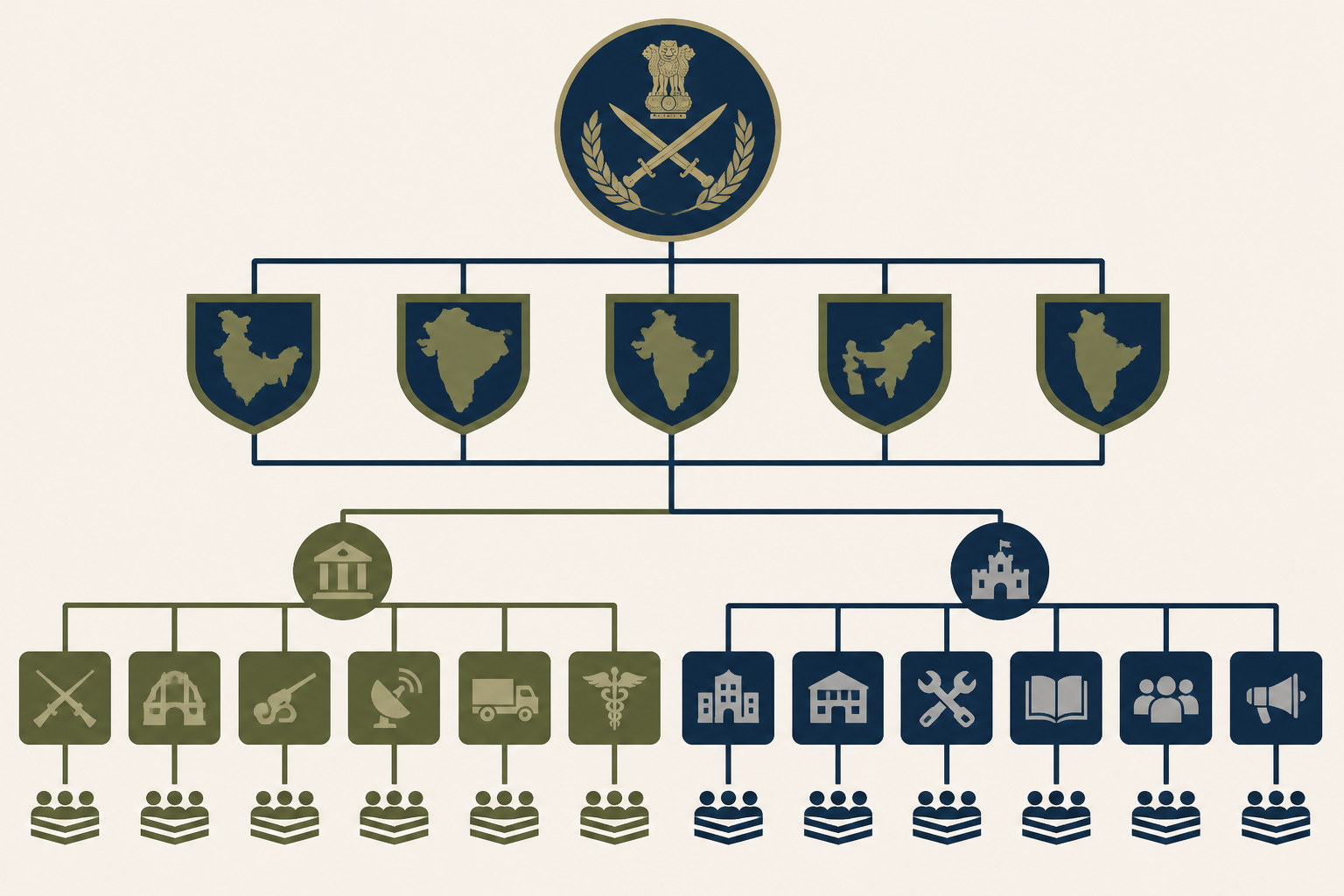 Organizational chart of the Territorial Army from Army Headquarters to regional group headquarters and unit categories.