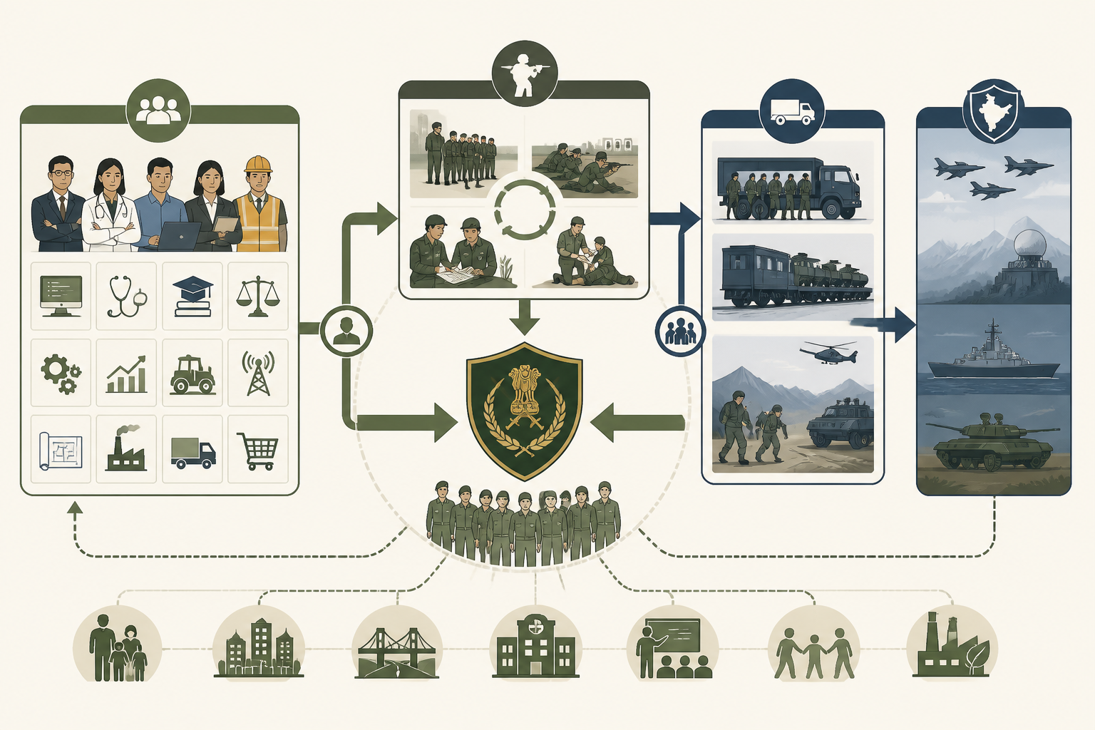 Diagram showing civilians, annual training, and emergency mobilization linked into the Territorial Army model.